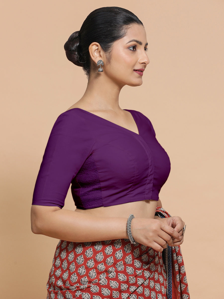 Pragya x Rozaana Saree Blouse, in Purple Cotton, featuring elbow sleeves and v-neckline, made for daily & work (view 8).