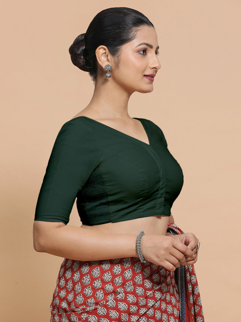 Pragya x Rozaana | V-Neck Moss Green Plain Cotton Saree Blouse-Binks