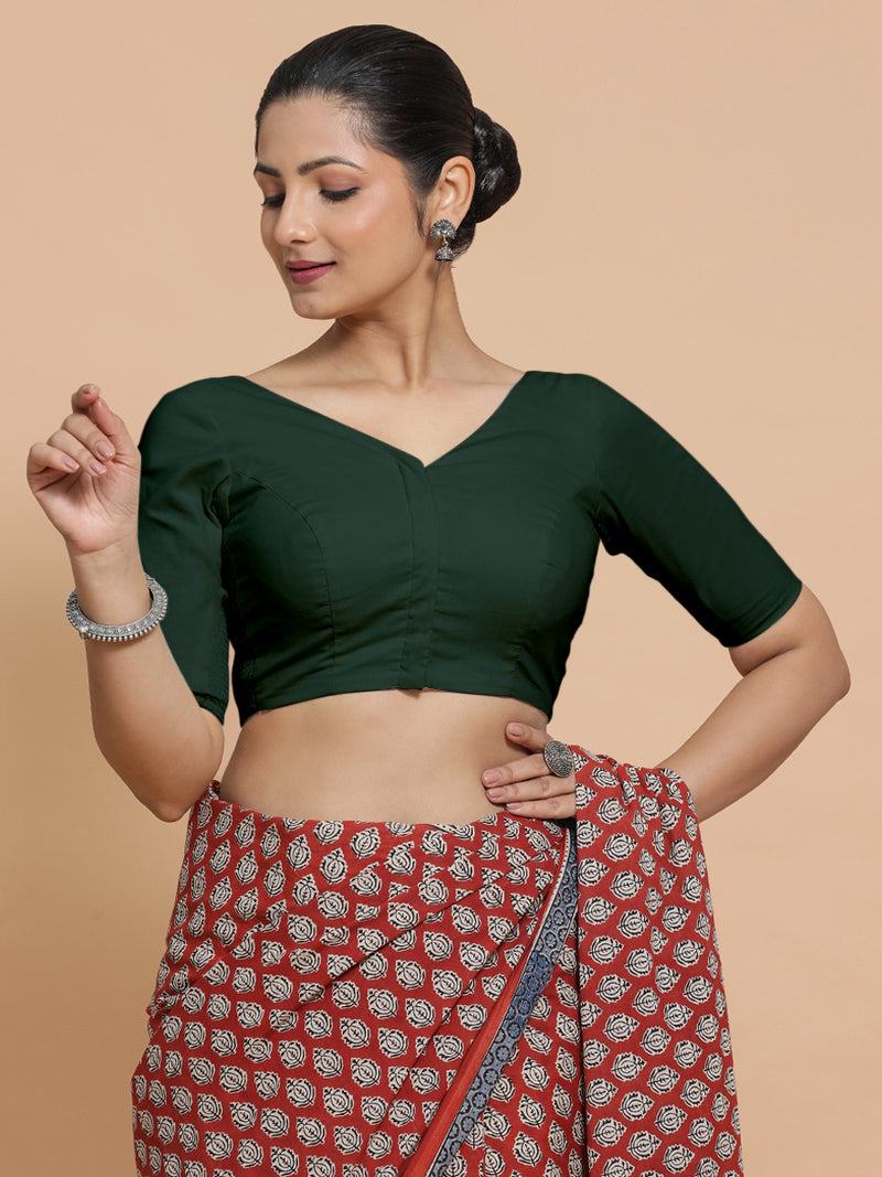 Pragya x Rozaana | V-Neck Moss Green Plain Cotton Saree Blouse-Binks