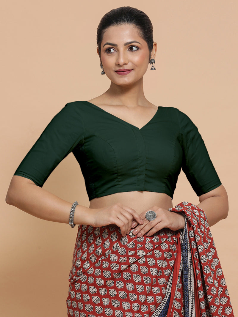Pragya x Rozaana | V-Neck Moss Green Plain Cotton Saree Blouse-Binks