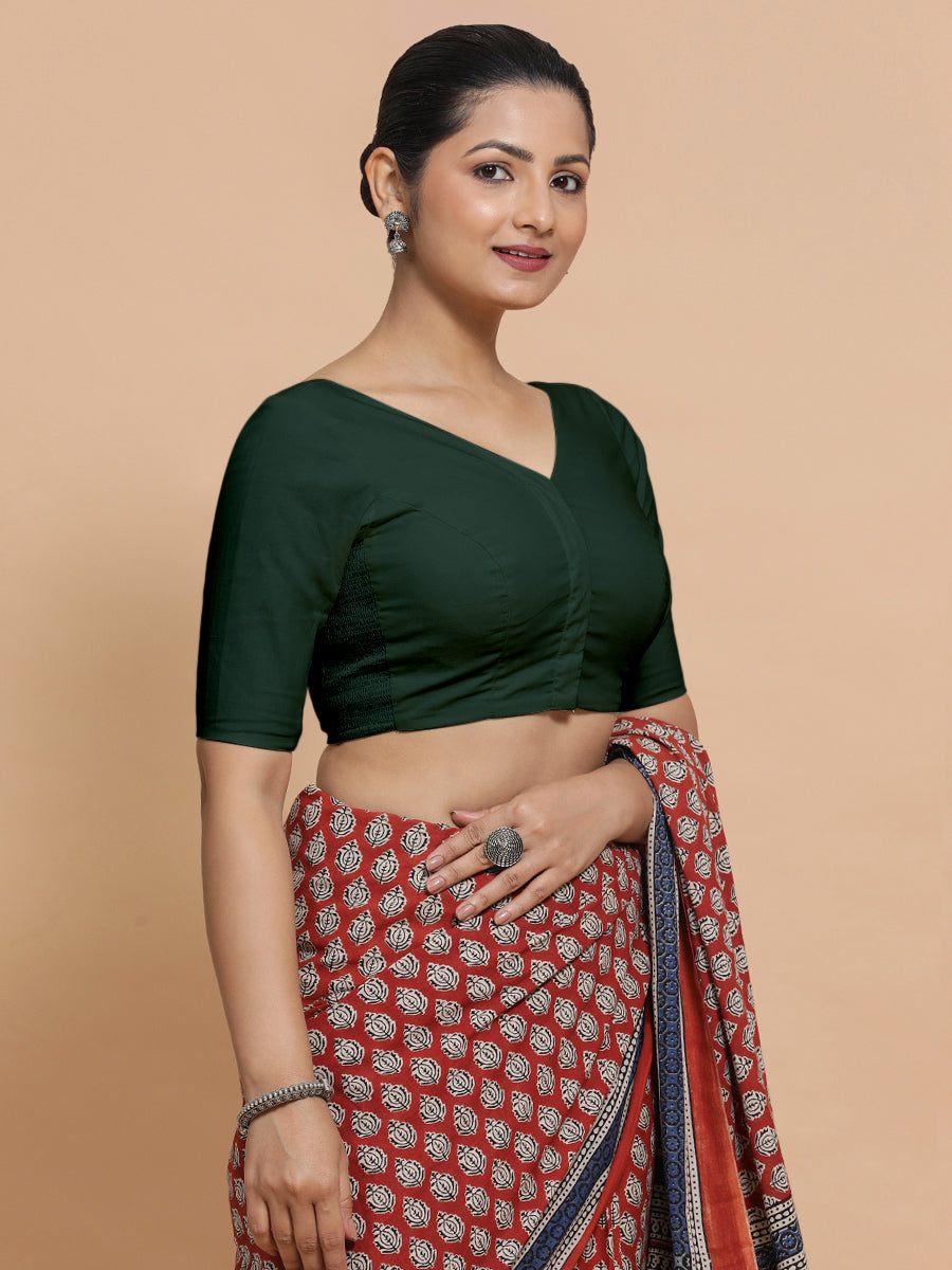 Pragya x Rozaana Saree Blouse, in Green Cotton, featuring elbow sleeves and v-neckline, made for daily & work (view 8).