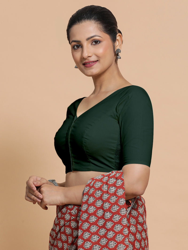 Pragya x Rozaana | V-Neck Moss Green Plain Cotton Saree Blouse-Binks