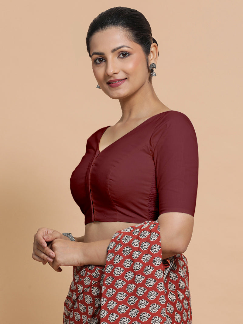 Pragya x Rozaana | V-Neck Royal Maroon Plain Cotton Saree Blouse-Binks