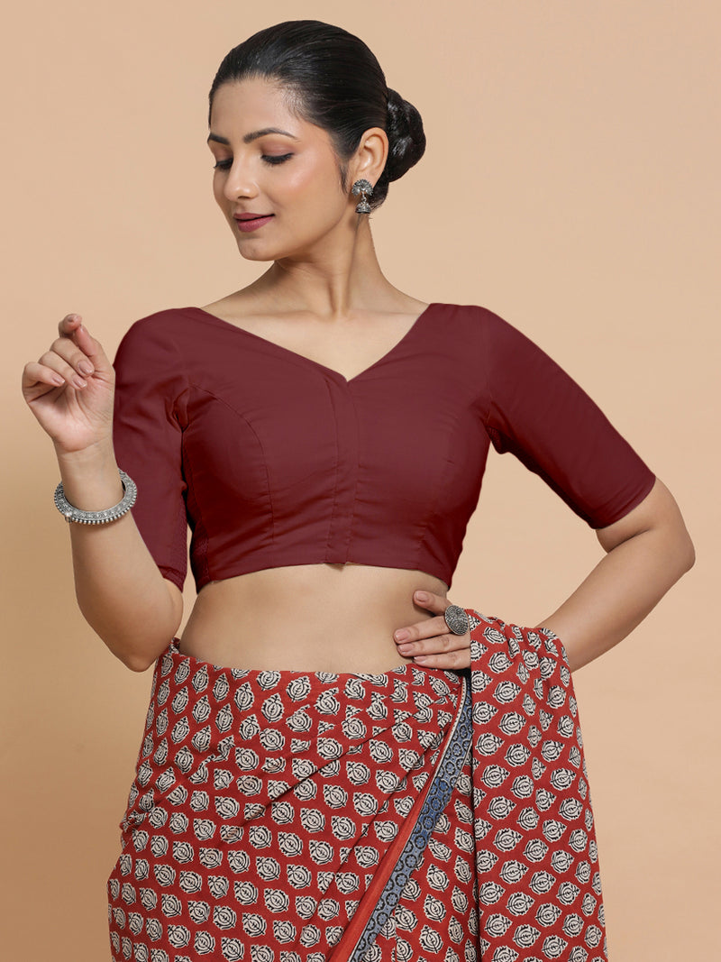 Pragya x Rozaana | V-Neck Royal Maroon Plain Cotton Saree Blouse-Binks