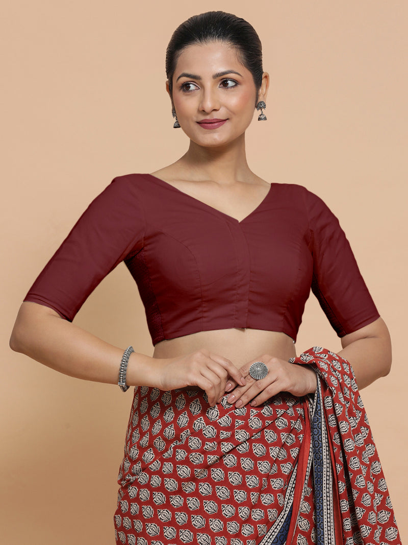 Pragya x Rozaana | V-Neck Royal Maroon Plain Cotton Saree Blouse-Binks