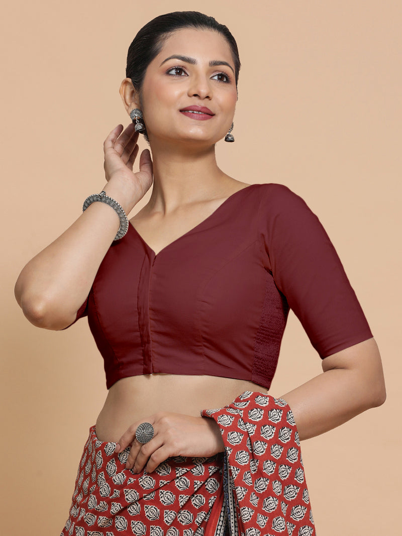 Pragya x Rozaana | V-Neck Royal Maroon Plain Cotton Saree Blouse-Binks