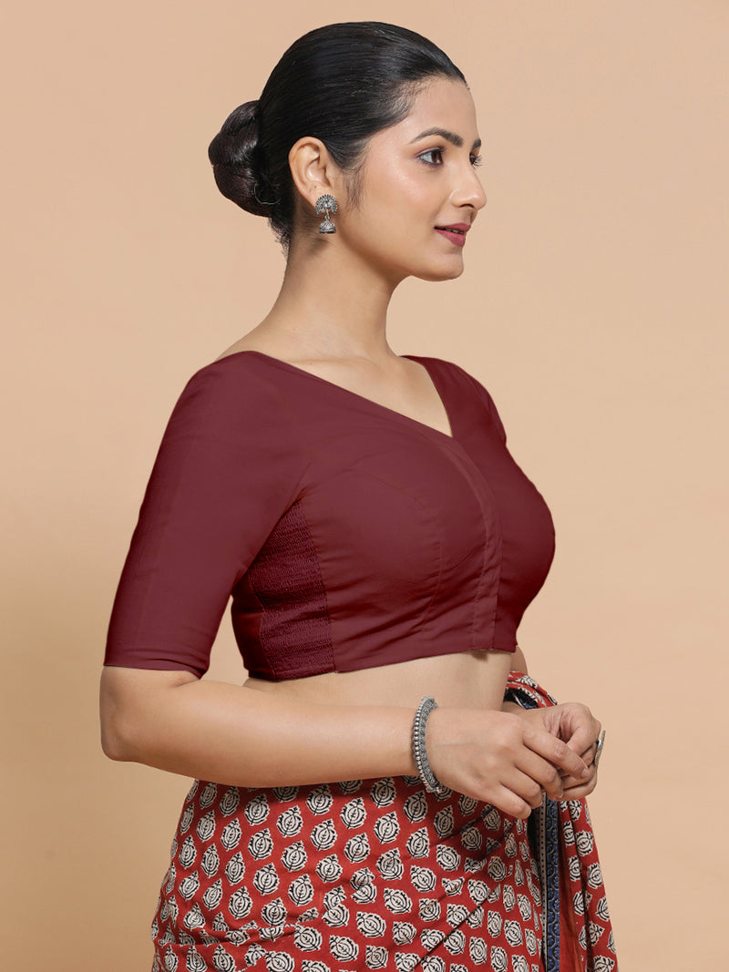 Pragya x Rozaana | V-Neck Royal Maroon Plain Cotton Saree Blouse-Binks