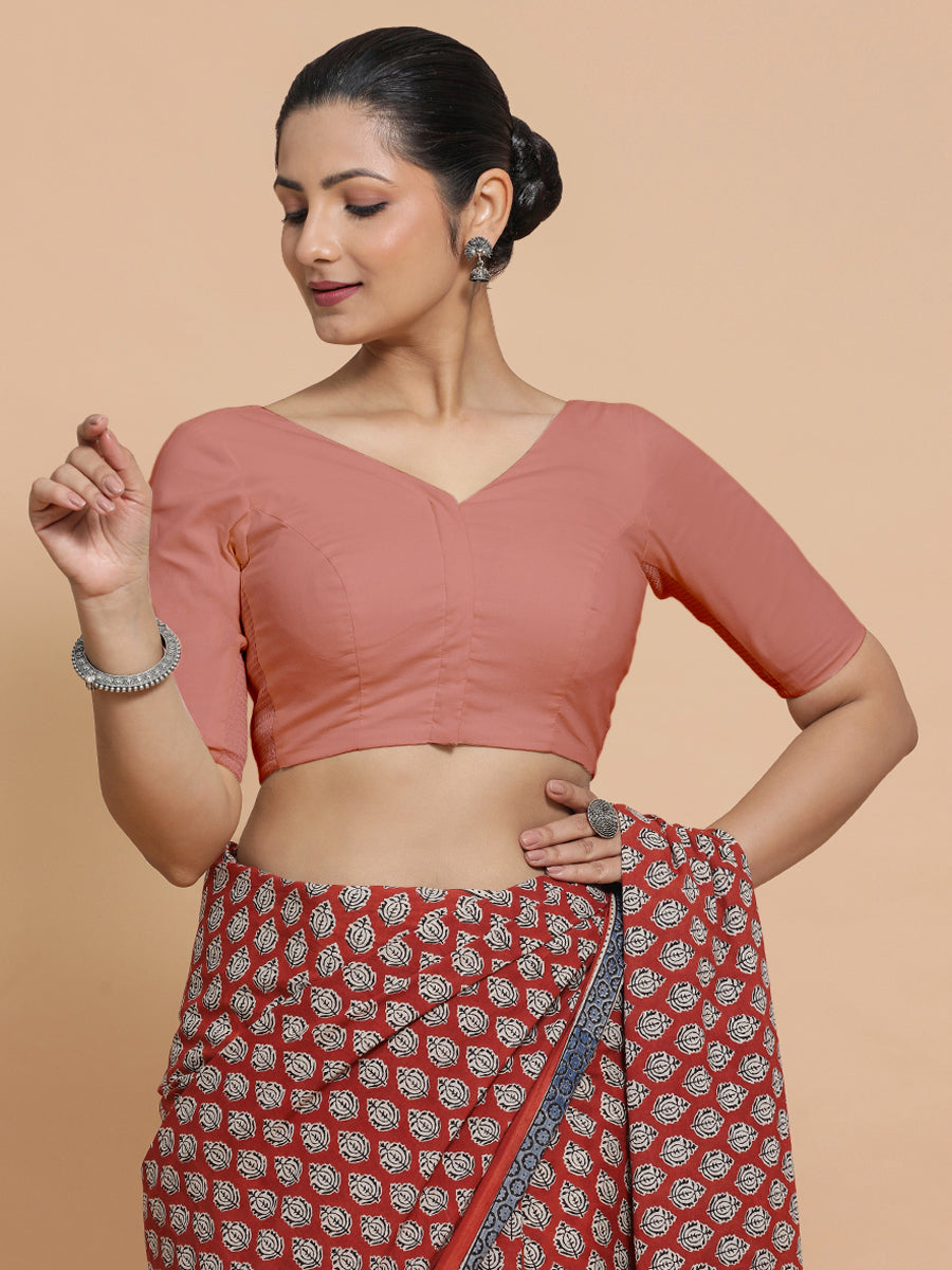 Pragya x Rozaana | V-Neck Soft Peach Plain Cotton Saree Blouse