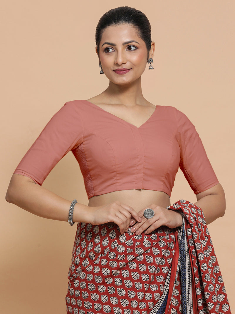 Pragya x Rozaana | V-Neck Soft Peach Plain Cotton Saree Blouse-Binks