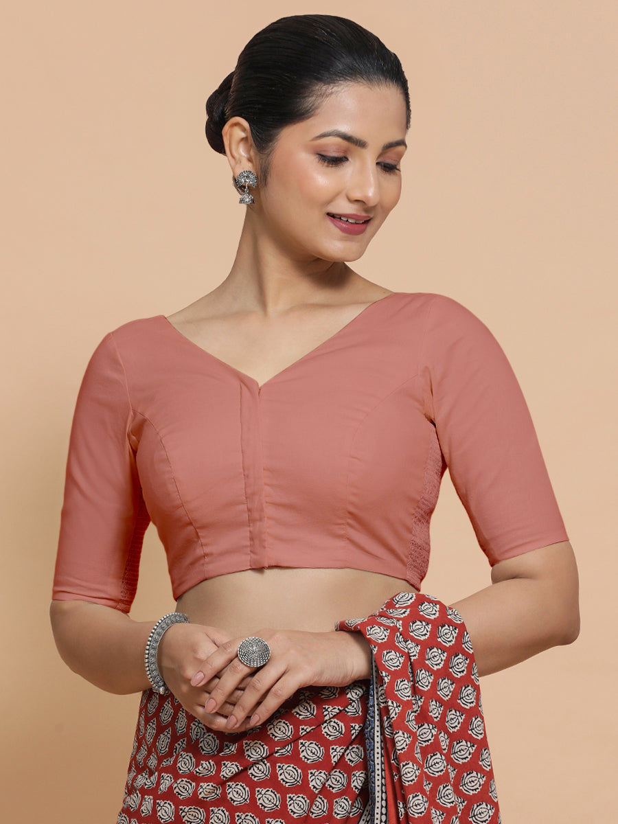 Pragya x Rozaana Saree Blouse, in Peach Cotton, featuring elbow sleeves and v-neckline, made for daily & work (view 5).