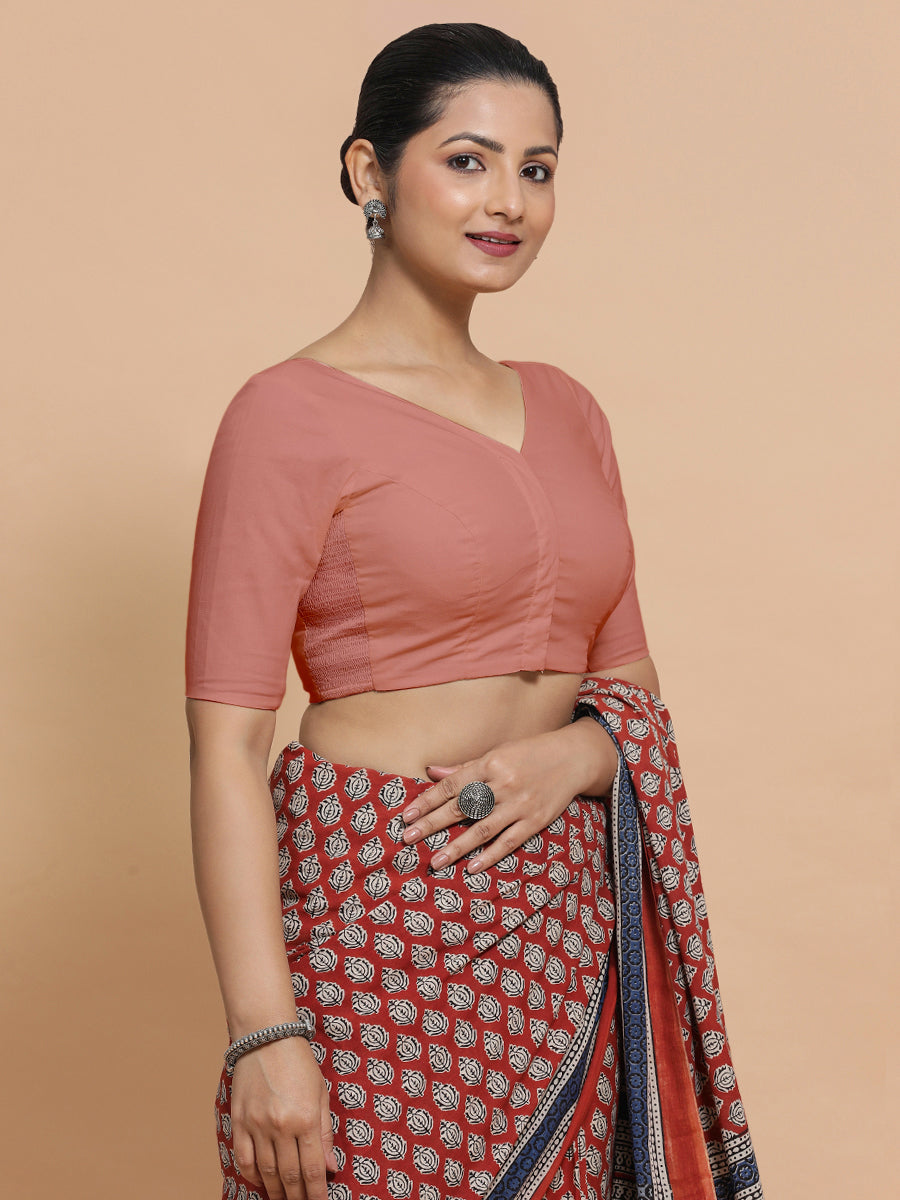 Pragya x Rozaana Saree Blouse, in Peach Cotton, featuring elbow sleeves and v-neckline, made for daily & work (view 8).
