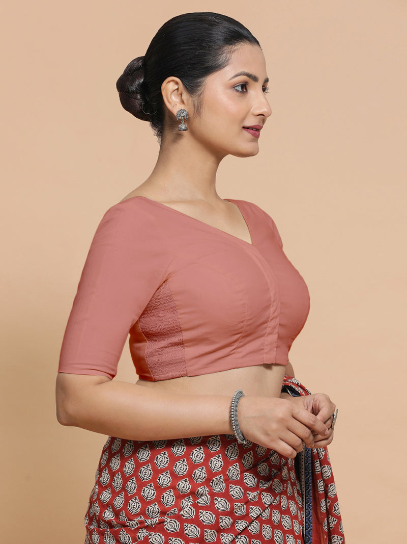 Pragya x Rozaana | V-Neck Soft Peach Plain Cotton Saree Blouse-Binks