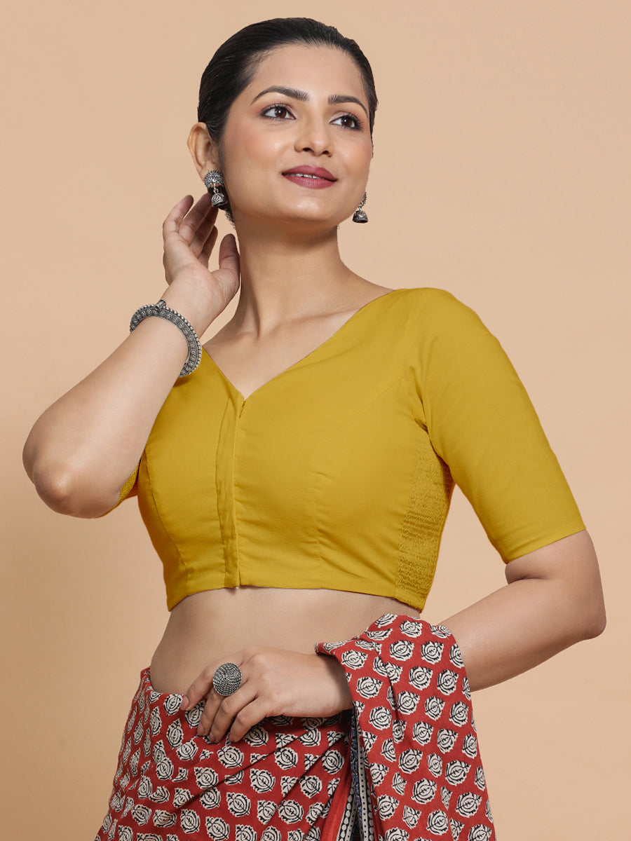 Pragya x Rozaana Saree Blouse, in Yellow Cotton, featuring elbow sleeves and v-neckline, made for daily & work.