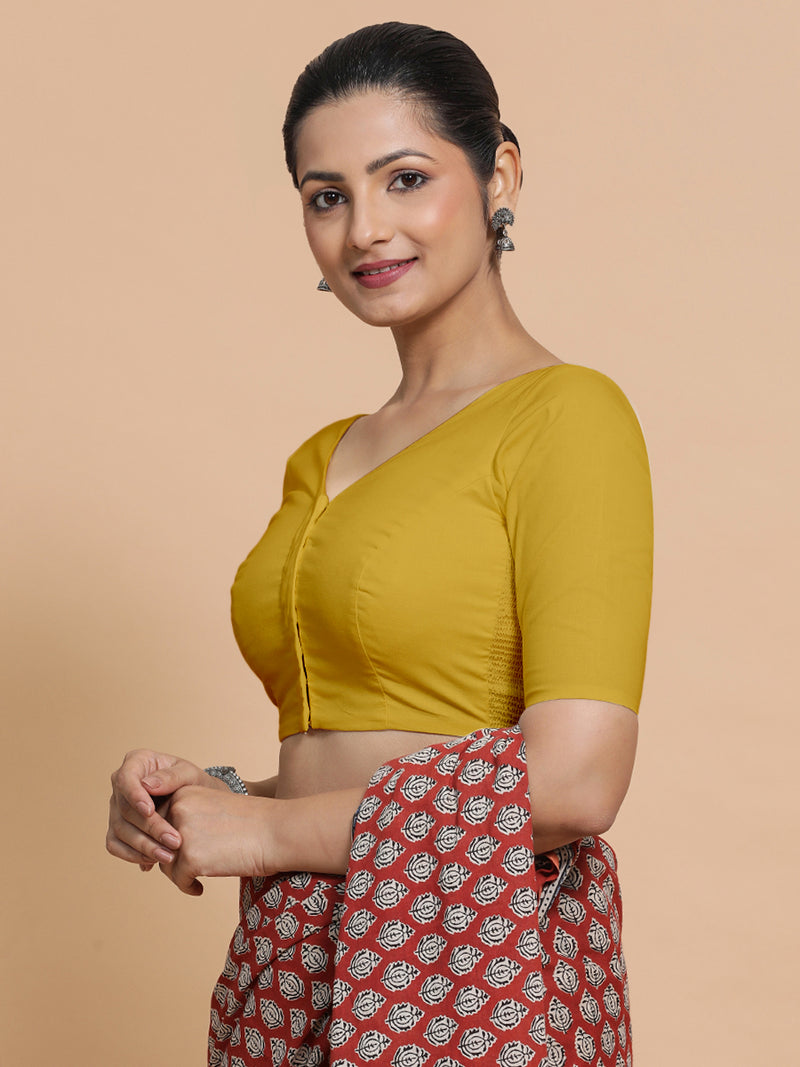 Pragya x Rozaana | V-Neck Sunny Yellow Plain Cotton Saree Blouse-Binks