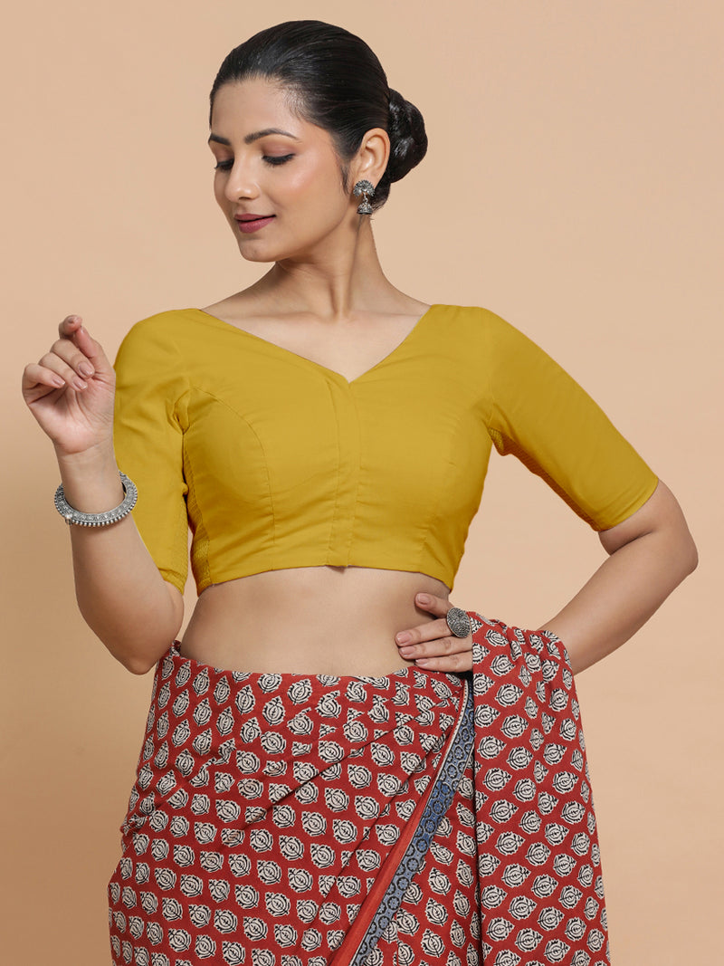 Pragya x Rozaana | V-Neck Sunny Yellow Plain Cotton Saree Blouse-Binks