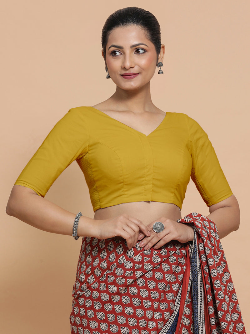 Pragya x Rozaana | V-Neck Sunny Yellow Plain Cotton Saree Blouse-Binks