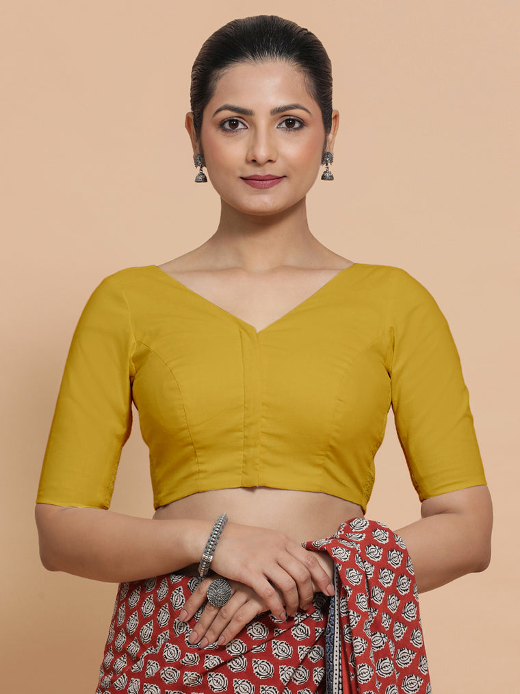 Pragya x Rozaana Saree Blouse, in Yellow Cotton, featuring elbow sleeves and v-neckline, made for daily & work (view 2).