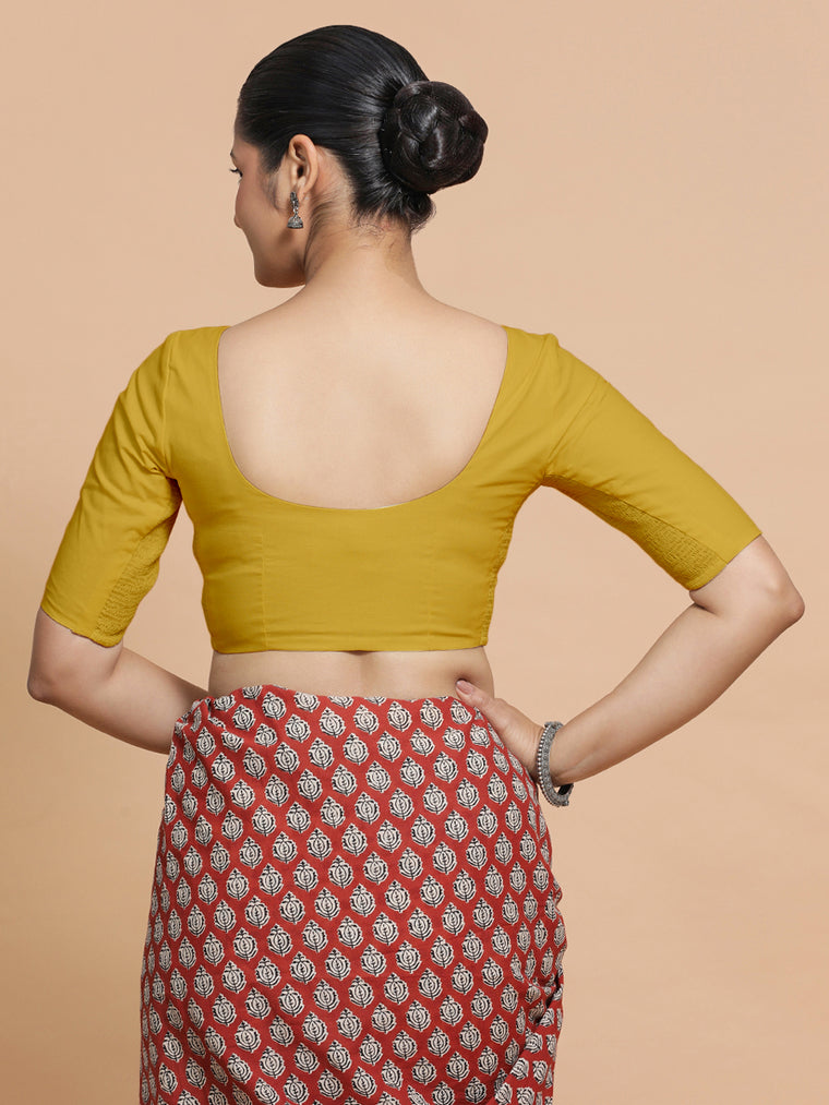 Pragya x Rozaana Saree Blouse, in Yellow Cotton, featuring elbow sleeves and v-neckline, made for daily & work (view 3).