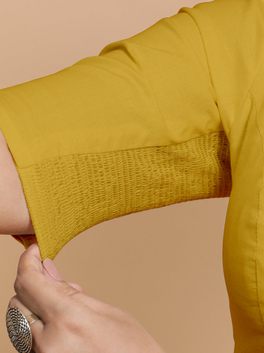 Pragya x Rozaana Saree Blouse, in Yellow Cotton, featuring elbow sleeves and v-neckline, made for daily & work (view 5).