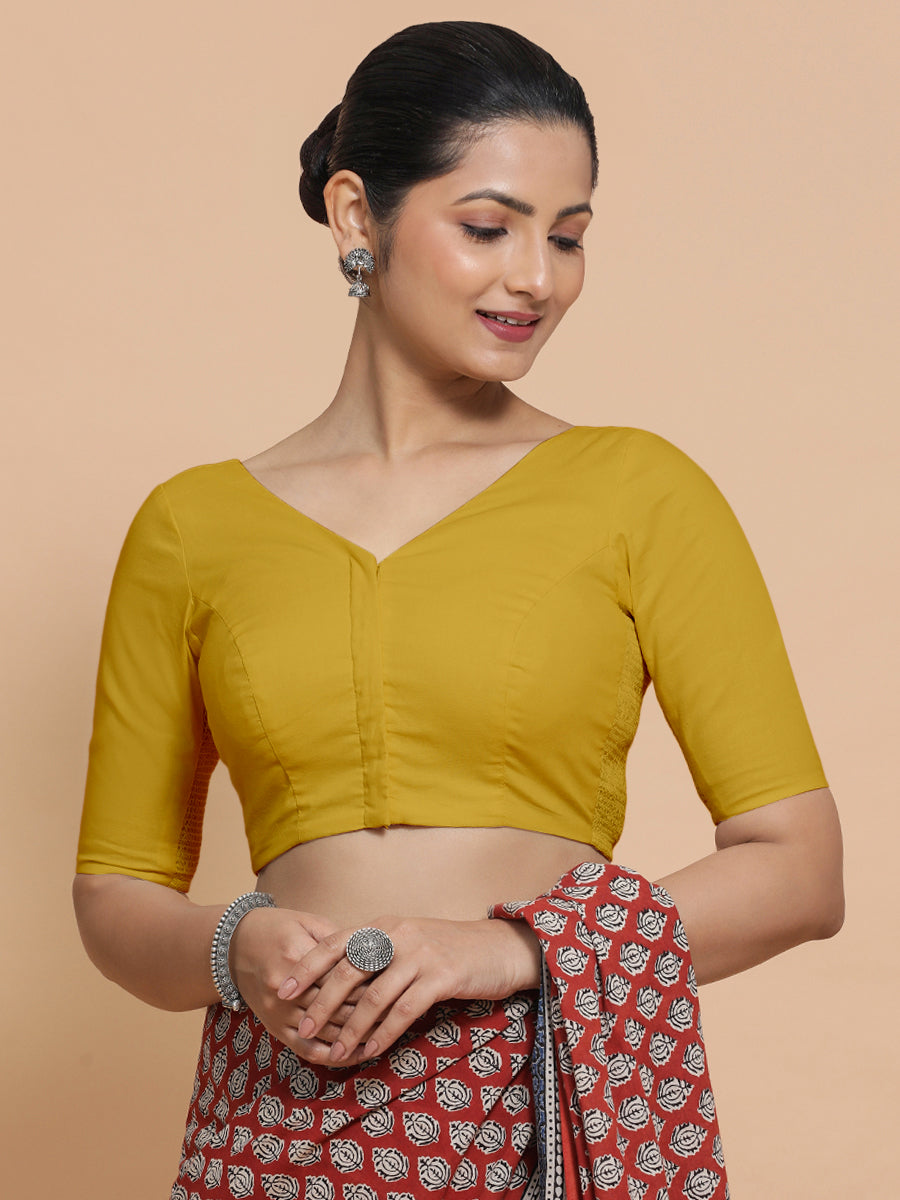 Pragya x Rozaana Saree Blouse, in Yellow Cotton, featuring elbow sleeves and v-neckline, made for daily & work (view 6).
