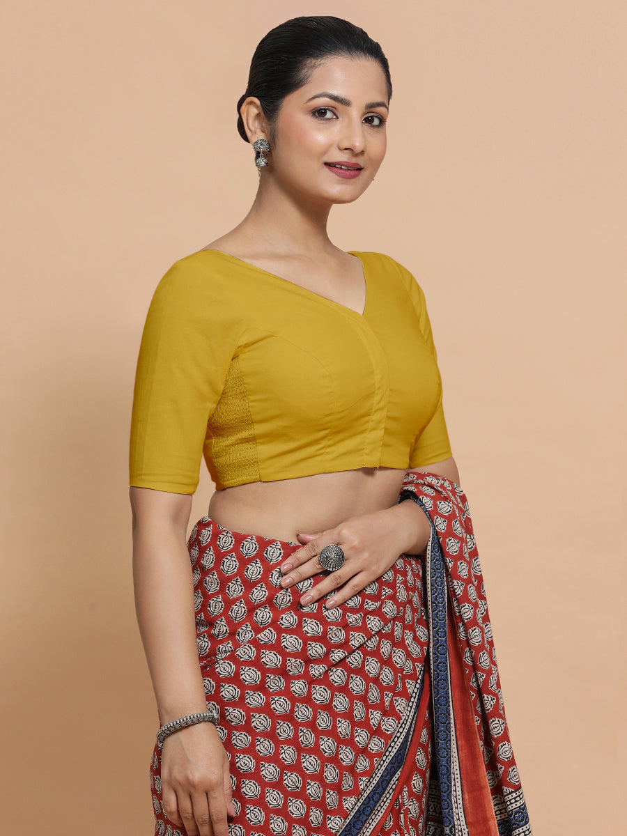 Pragya x Rozaana Saree Blouse, in Yellow Cotton, featuring elbow sleeves and v-neckline, made for daily & work (view 8).