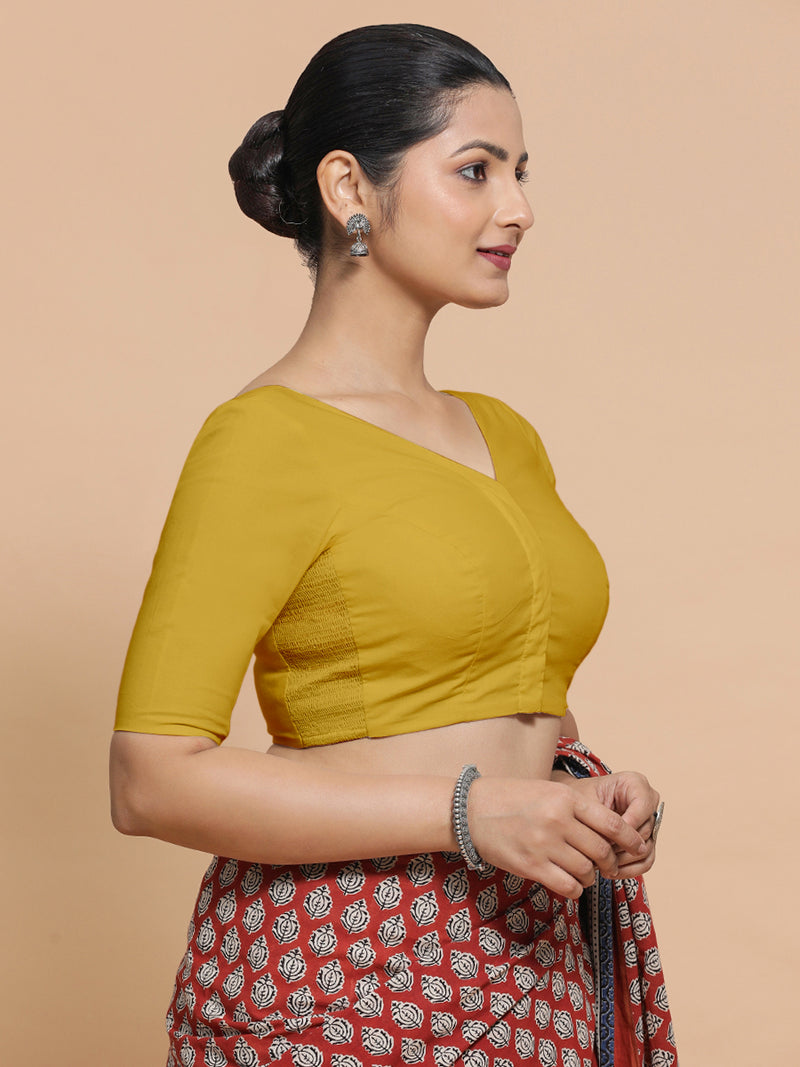 Pragya x Rozaana | V-Neck Sunny Yellow Plain Cotton Saree Blouse-Binks