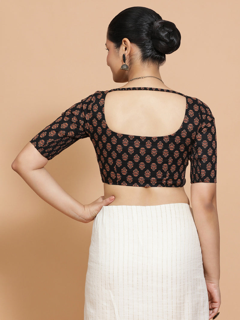 Pranavi x Rozaana | Elbow Sleeves Cotton Saree Blouse in Black Peacock Block Print Fabric-Binks