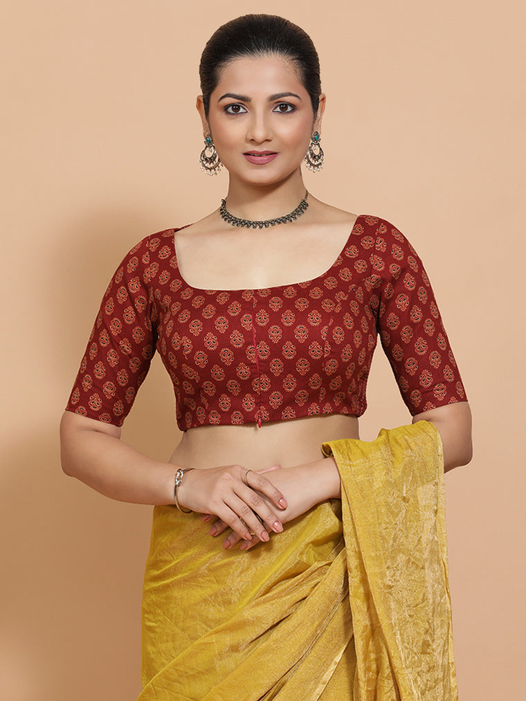 Pranavi x Rozaana Saree Blouse, in Red Cotton, featuring elbow sleeves and scoop neckline, made for daily & work.