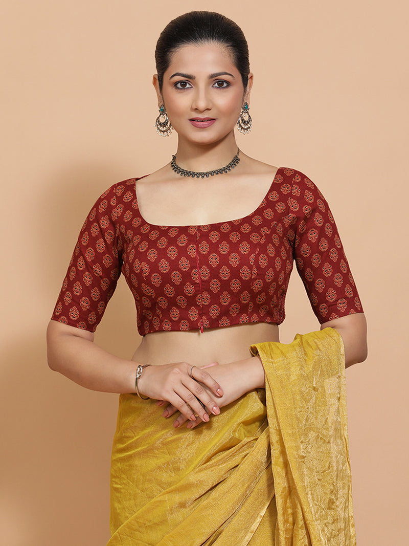 Pranavi x Rozaana | Elbow Sleeves Cotton Saree Blouse in Red Peacock Block Print Fabric-Binks