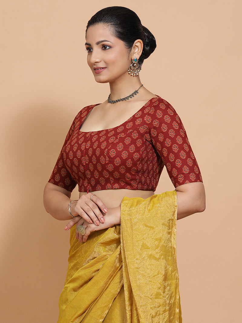 Pranavi x Rozaana | Elbow Sleeves Cotton Saree Blouse in Red Peacock Block Print Fabric-Binks