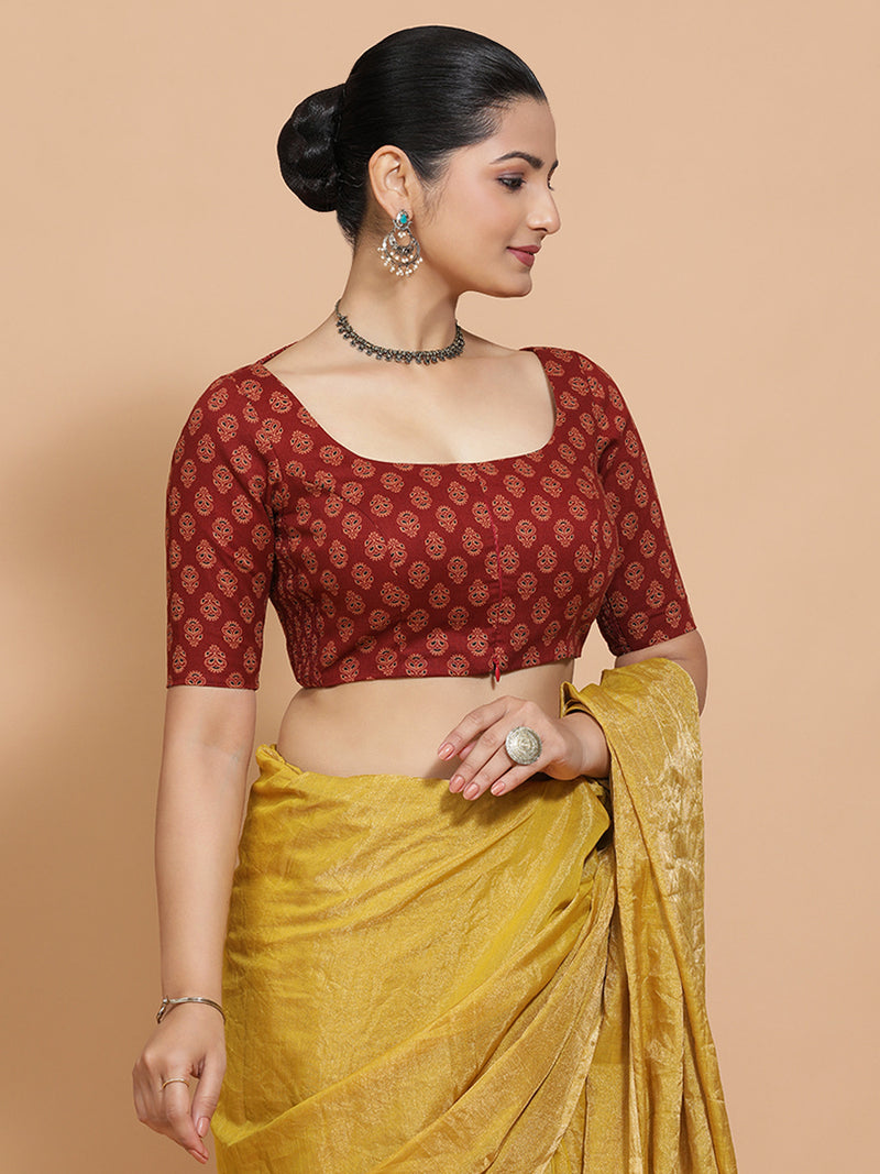 Pranavi x Rozaana | Elbow Sleeves Cotton Saree Blouse in Red Peacock Block Print Fabric-Binks