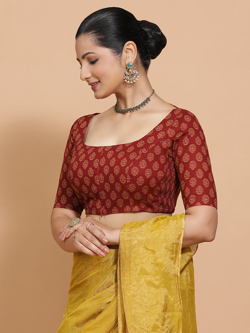 Pranavi x Rozaana | Elbow Sleeves Cotton Saree Blouse in Red Peacock Block Print Fabric-Binks