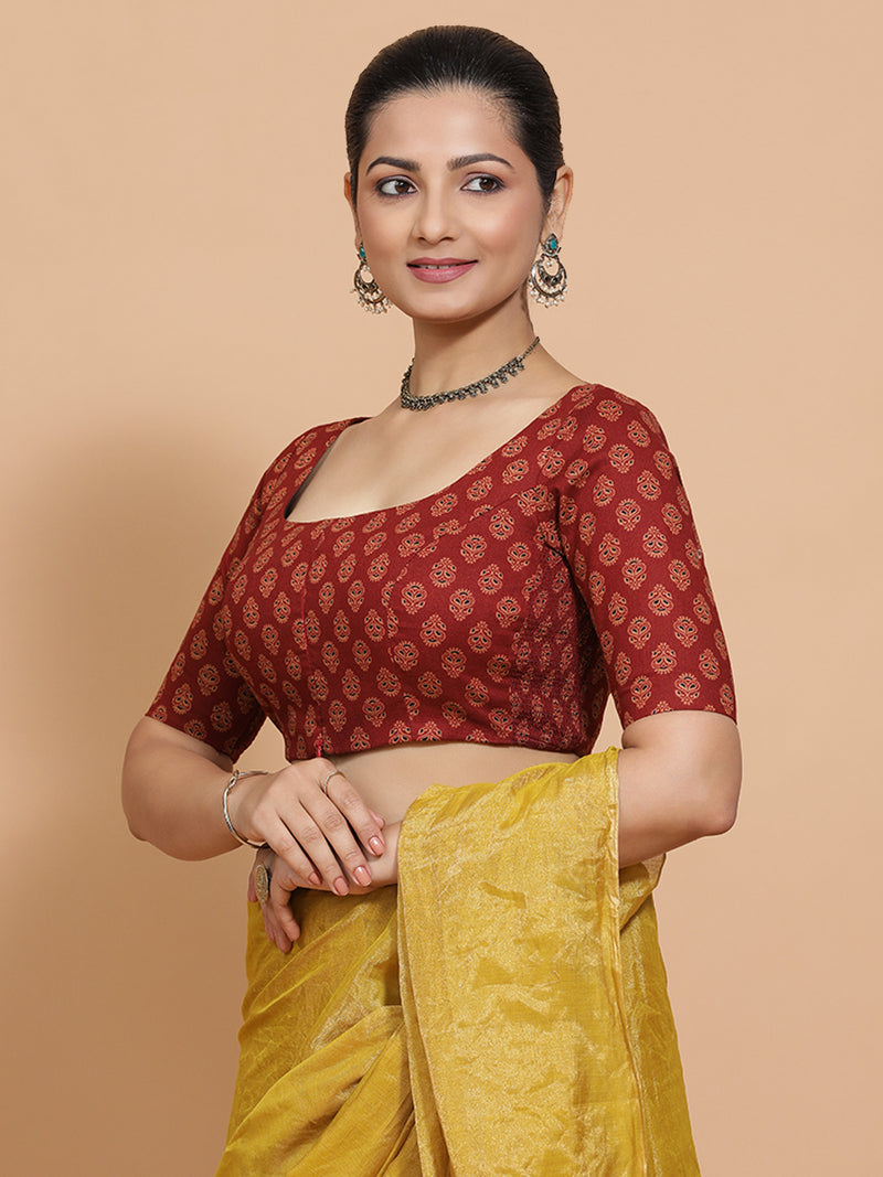 Pranavi x Rozaana | Elbow Sleeves Cotton Saree Blouse in Red Peacock Block Print Fabric-Binks