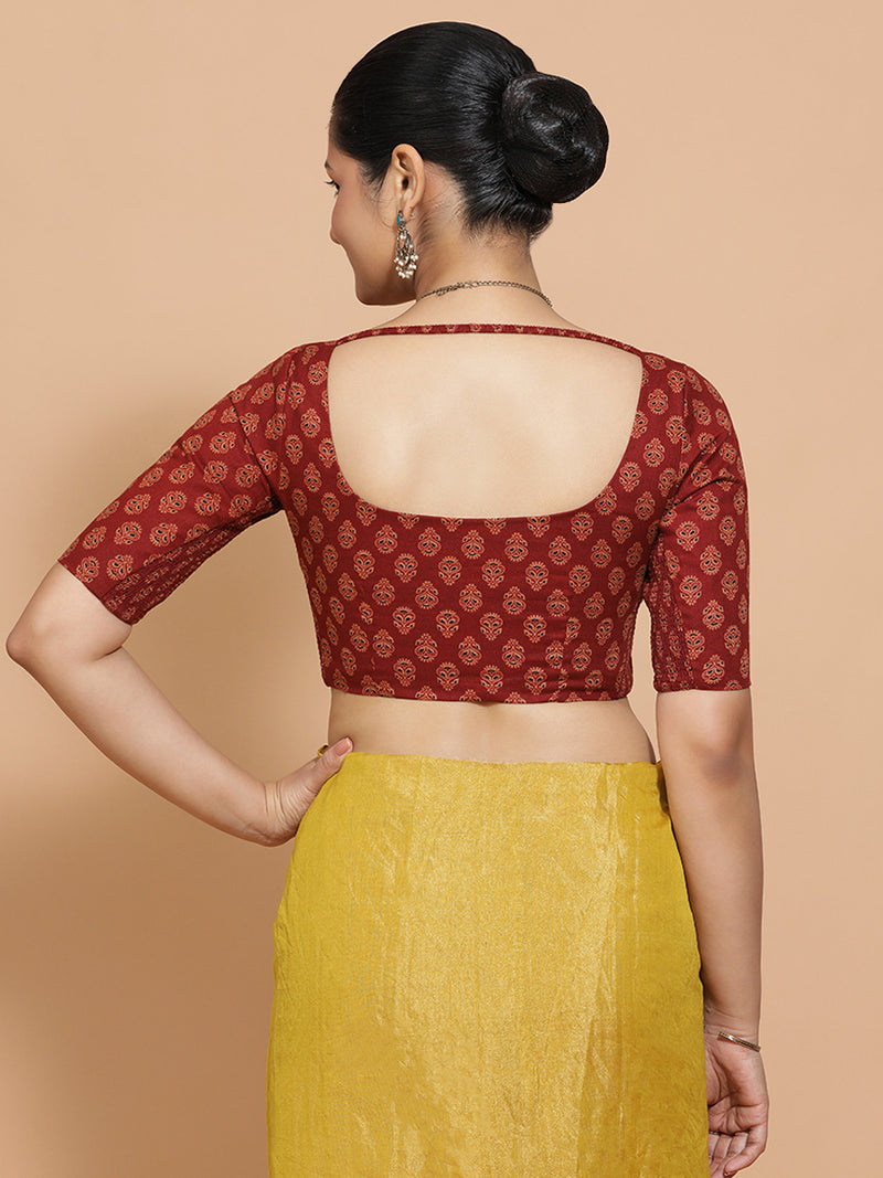 Pranavi x Rozaana | Elbow Sleeves Cotton Saree Blouse in Red Peacock Block Print Fabric-Binks