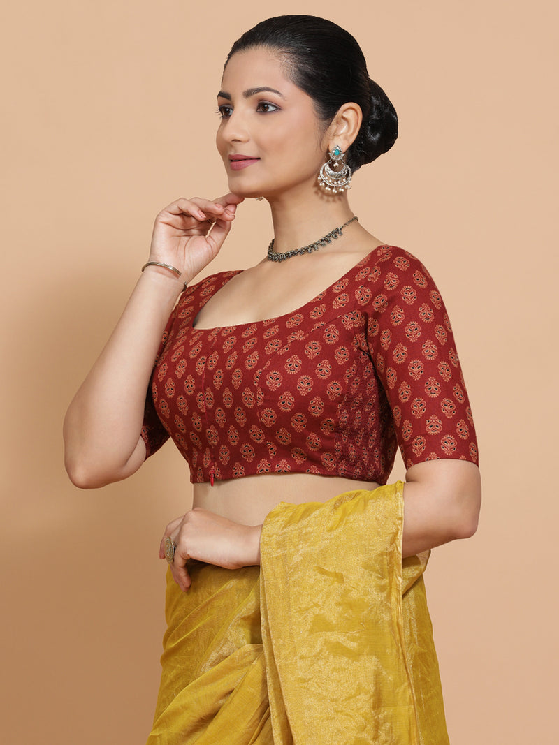 Pranavi x Rozaana | Elbow Sleeves Cotton Saree Blouse in Red Peacock Block Print Fabric-Binks