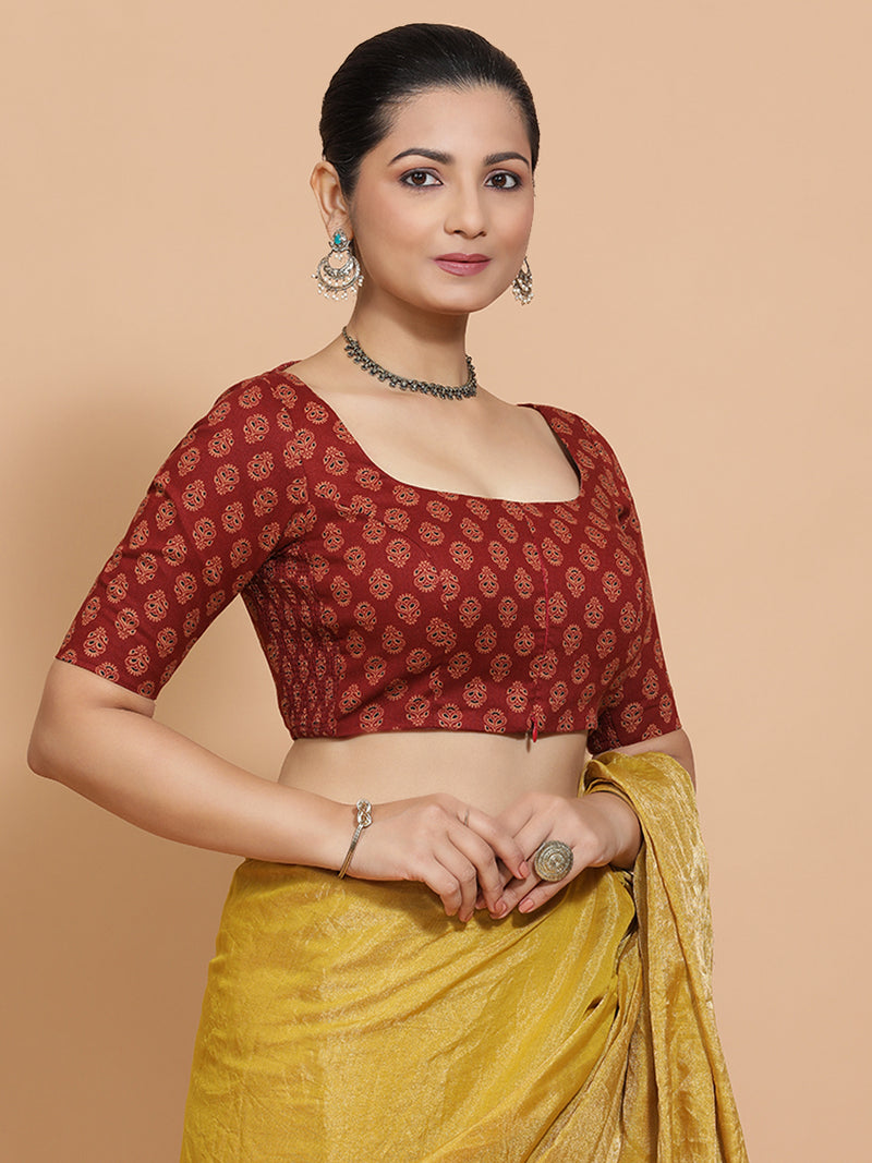 Pranavi x Rozaana | Elbow Sleeves Cotton Saree Blouse in Red Peacock Block Print Fabric-Binks