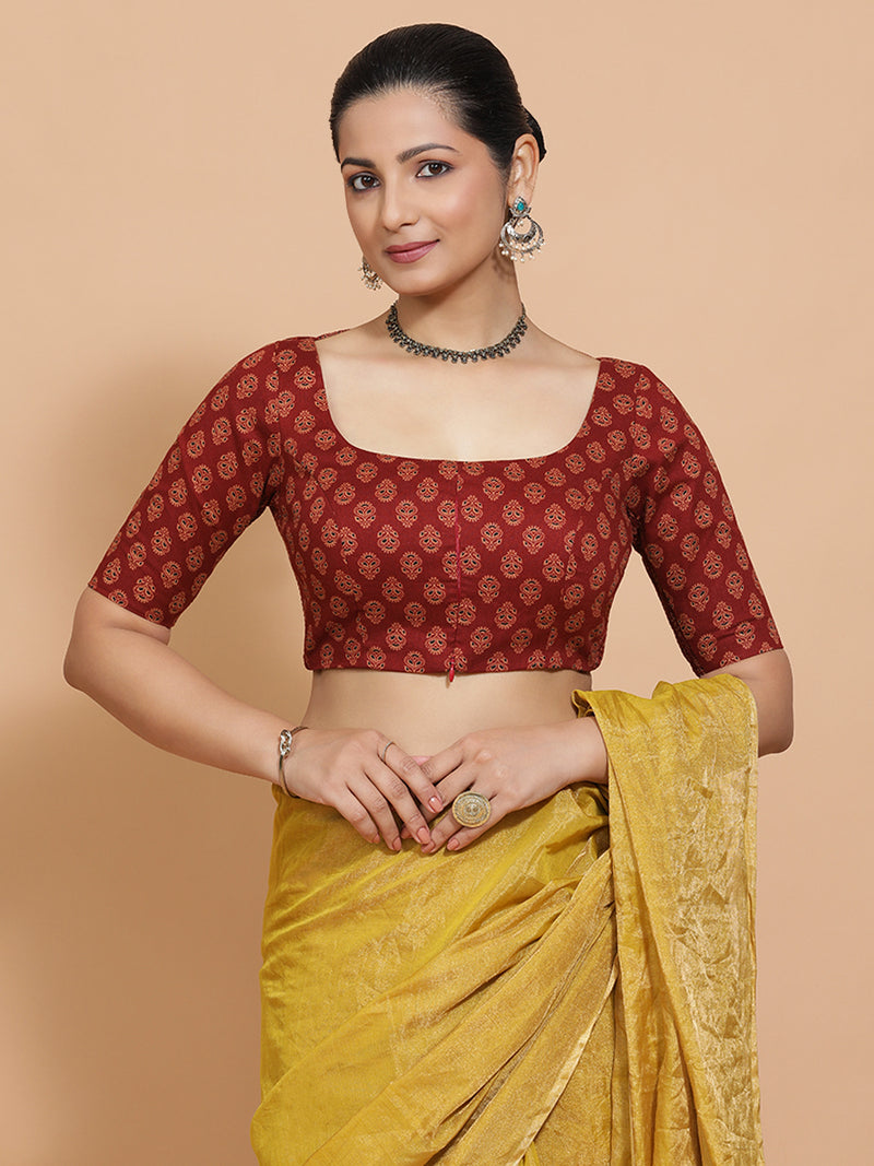Pranavi x Rozaana | Elbow Sleeves Cotton Saree Blouse in Red Peacock Block Print Fabric-Binks