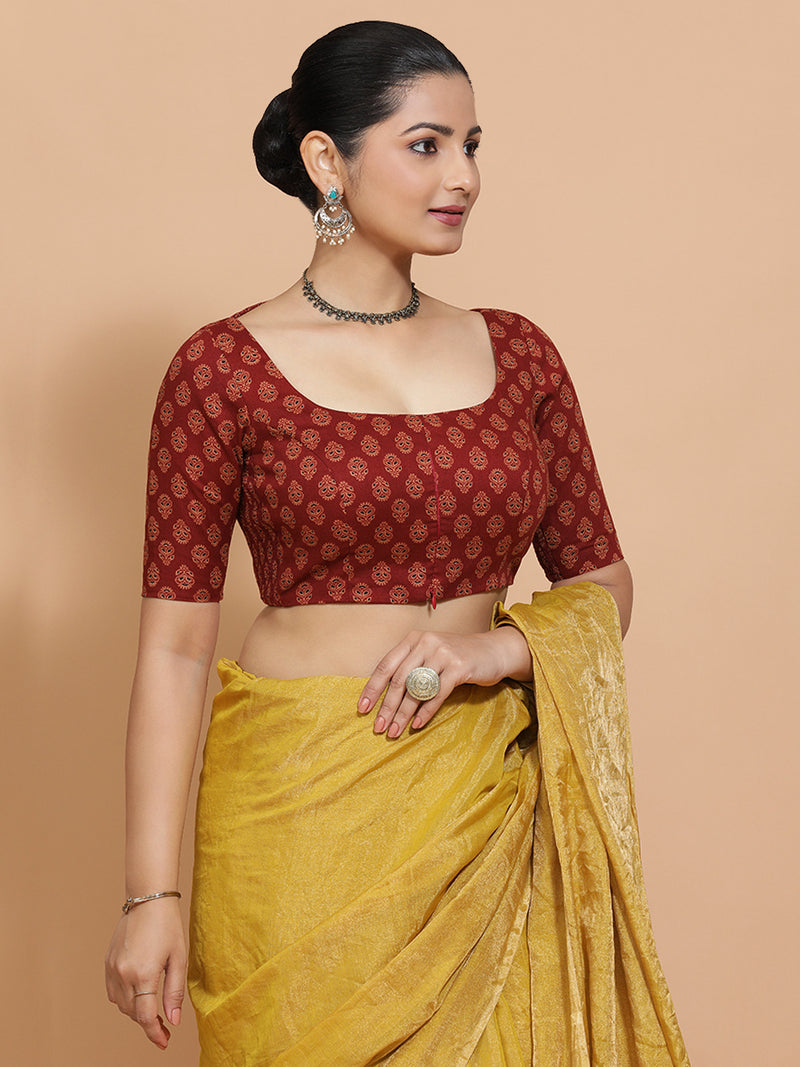 Pranavi x Rozaana | Elbow Sleeves Cotton Saree Blouse in Red Peacock Block Print Fabric-Binks