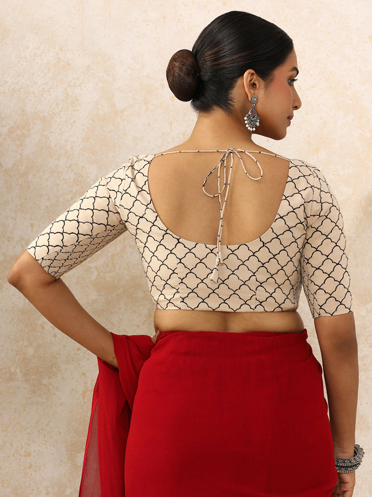 Prisha x Rozaana Saree Blouse, in Cream 100% Cotton - Block Printed, featuring elbow sleeves and round neckline (view 2).