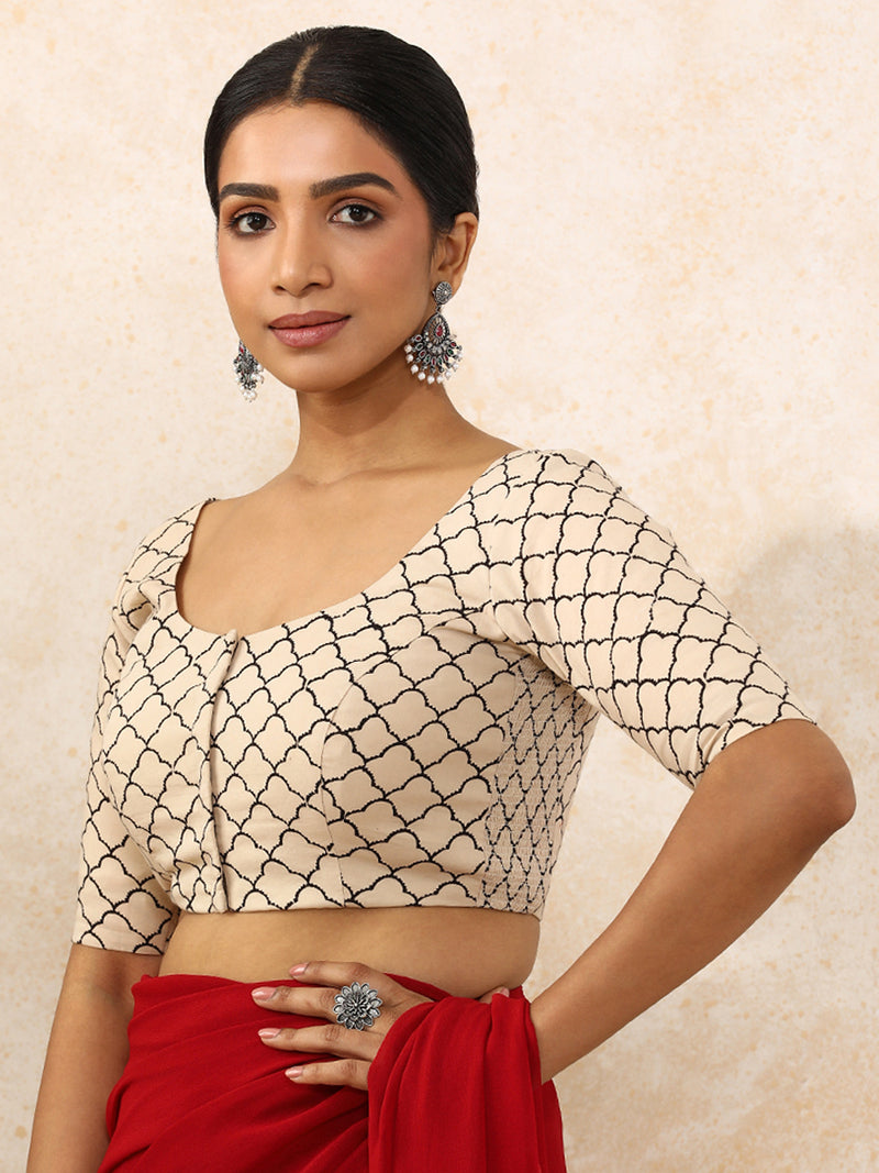 Prisha x Rozaana | Elbow Sleeves Saree Blouse in Cream Fishscale Block Print Cotton-Binks