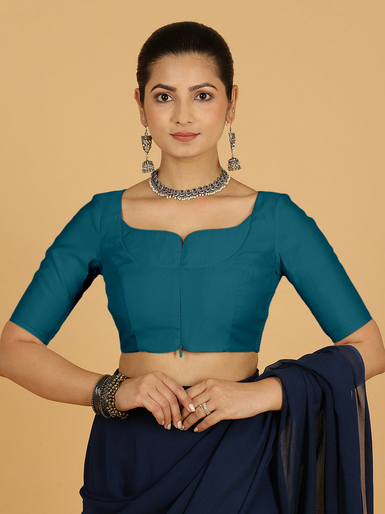 Priya x Rozaana Saree Blouse, in Green Viscose, featuring elbow sleeves and stylised neckline, made for daily & work.
