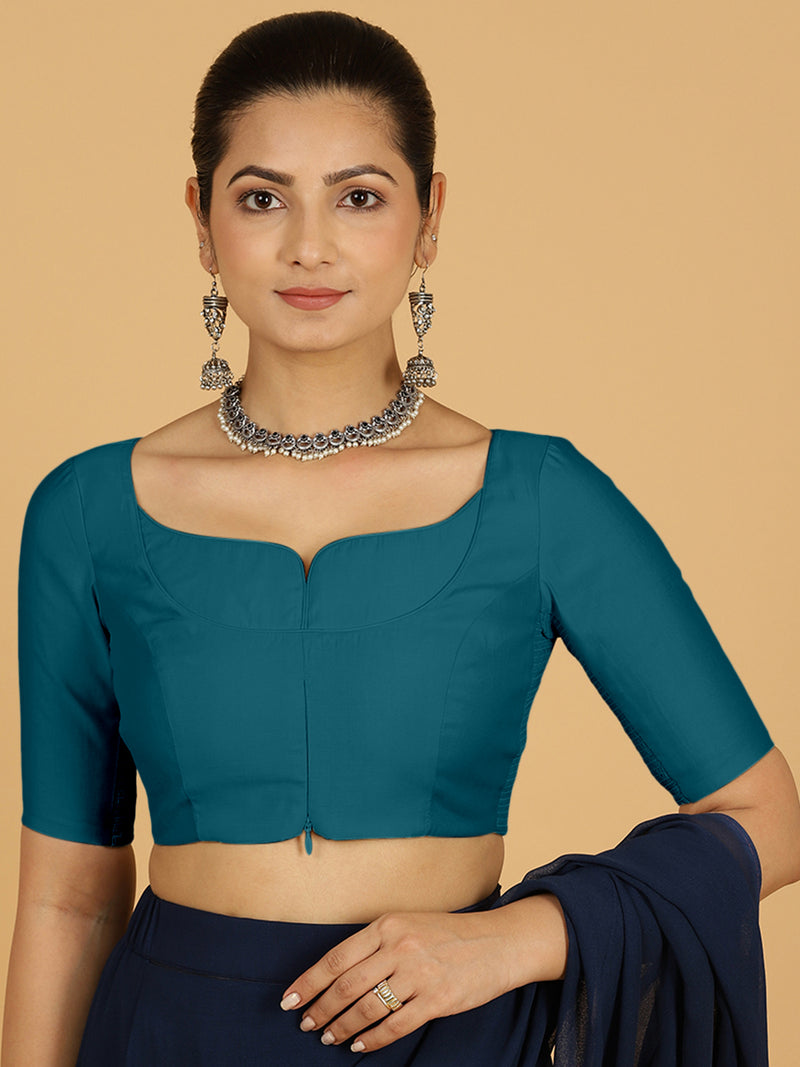 Priya x Rozaana | Elbow Sleeves Saree Blouse in Crystal Teal-Binks