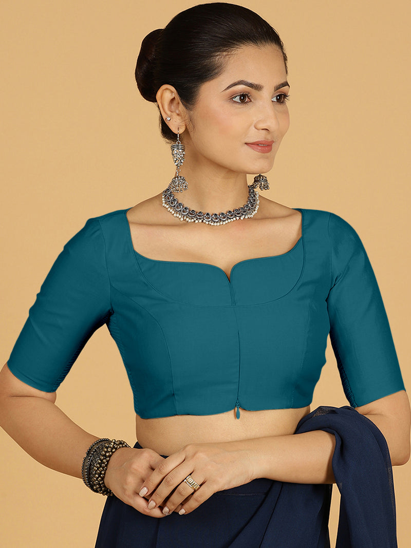 Priya x Rozaana | Elbow Sleeves Saree Blouse in Crystal Teal-Binks