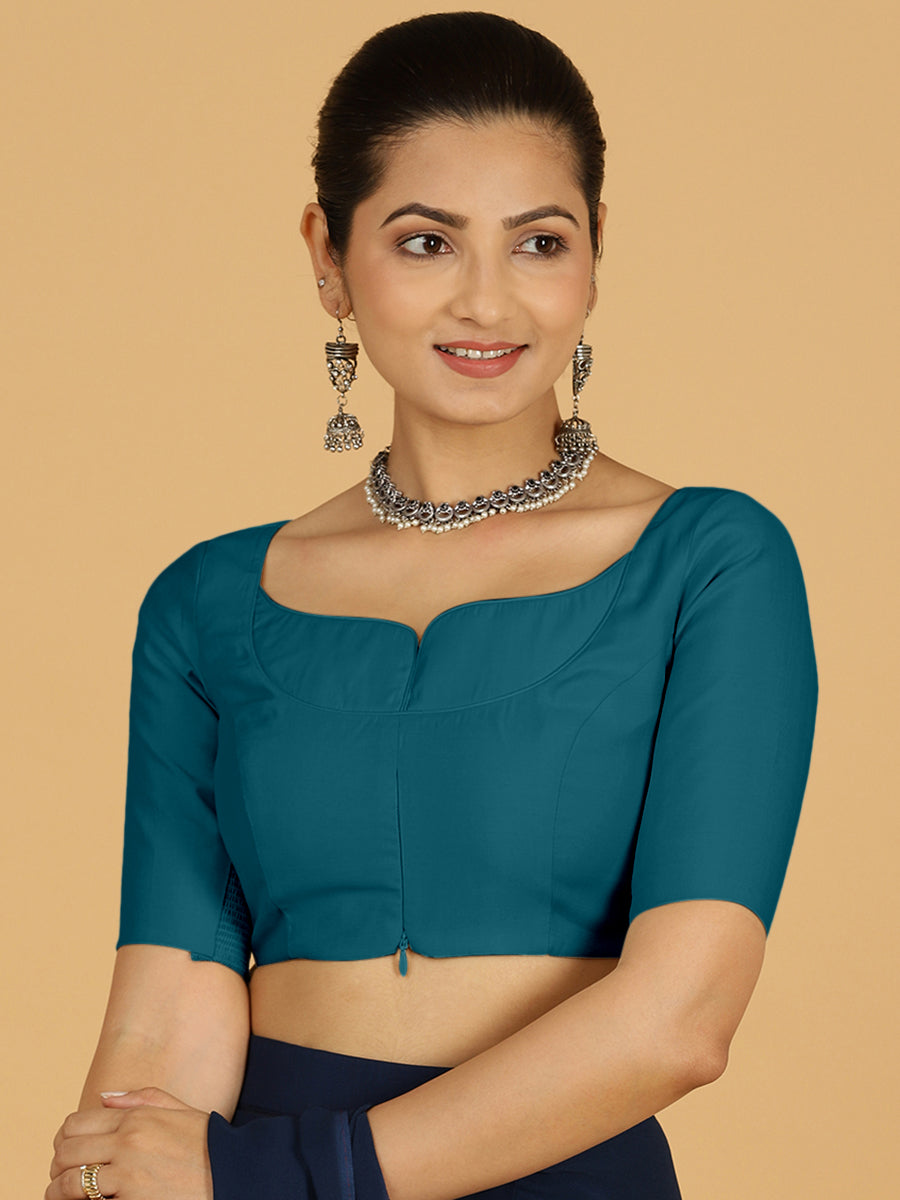 Priya x Rozaana Saree Blouse, in Green Viscose, featuring elbow sleeves and stylised neckline, made for daily & work (view 8).