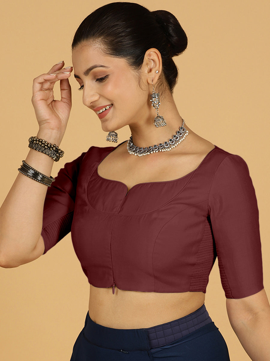 Priya x Rozaana Saree Blouse, in Maroon Viscose, featuring elbow sleeves and stylised neckline, made for daily & work.