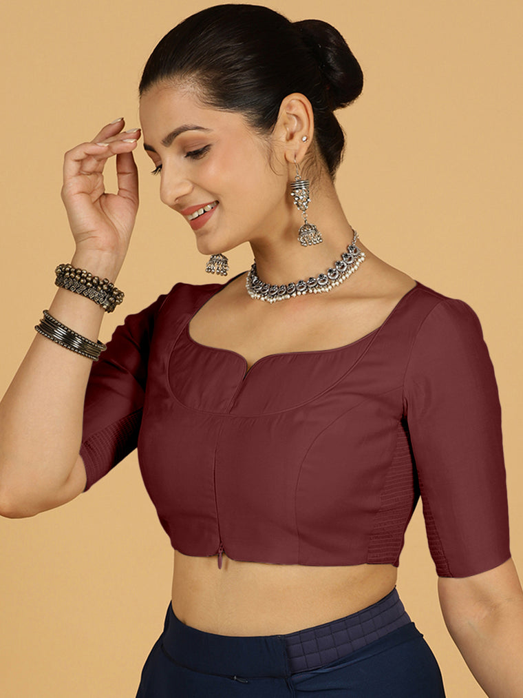 Priya x Rozaana Saree Blouse, in Maroon Viscose, featuring elbow sleeves and stylised neckline, made for daily & work.
