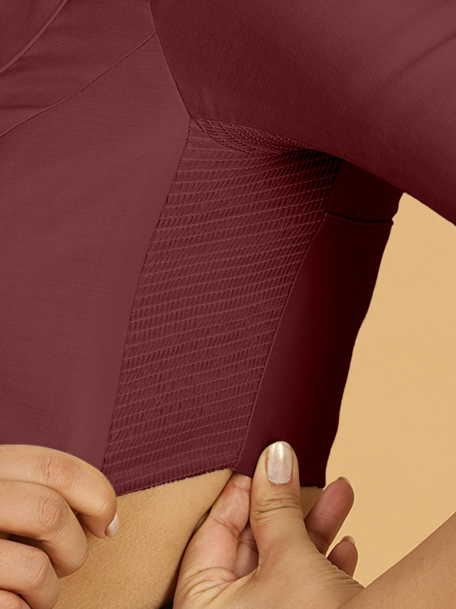 Priya x Rozaana Saree Blouse, in Maroon Viscose, featuring elbow sleeves and stylised neckline, made for daily & work (view 3).