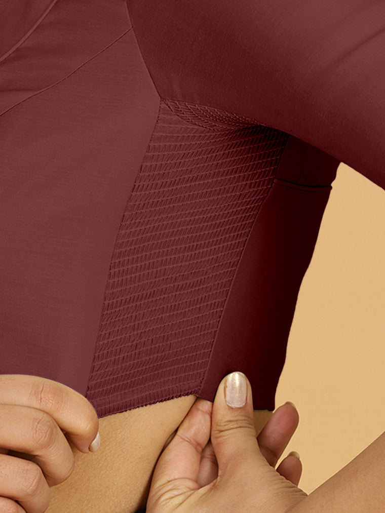 Priya x Rozaana Saree Blouse, in Maroon Viscose, featuring elbow sleeves and stylised neckline, made for daily & work (view 3).
