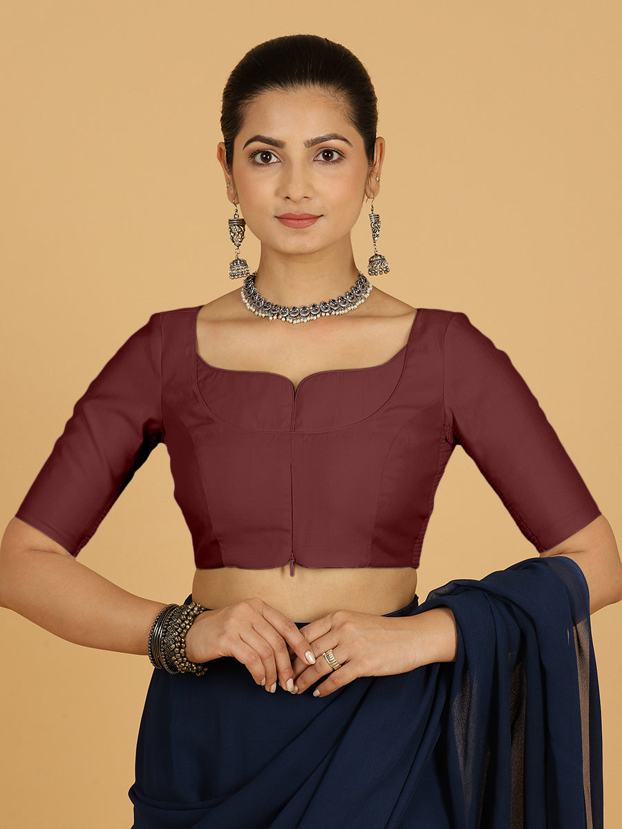 Priya x Rozaana Saree Blouse, in Maroon Viscose, featuring elbow sleeves and stylised neckline, made for daily & work (view 6).