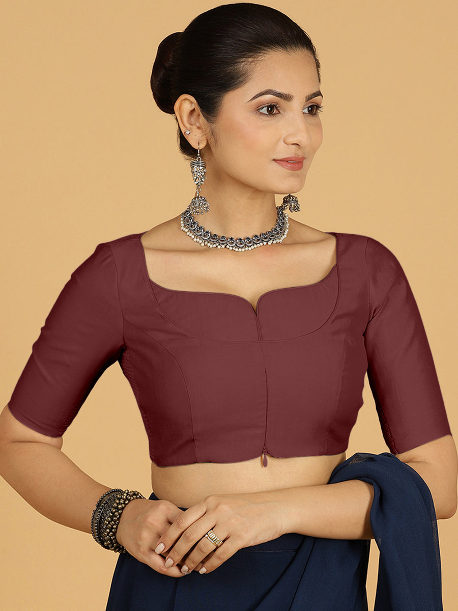 Priya x Rozaana Saree Blouse, in Maroon Viscose, featuring elbow sleeves and stylised neckline, made for daily & work (view 7).